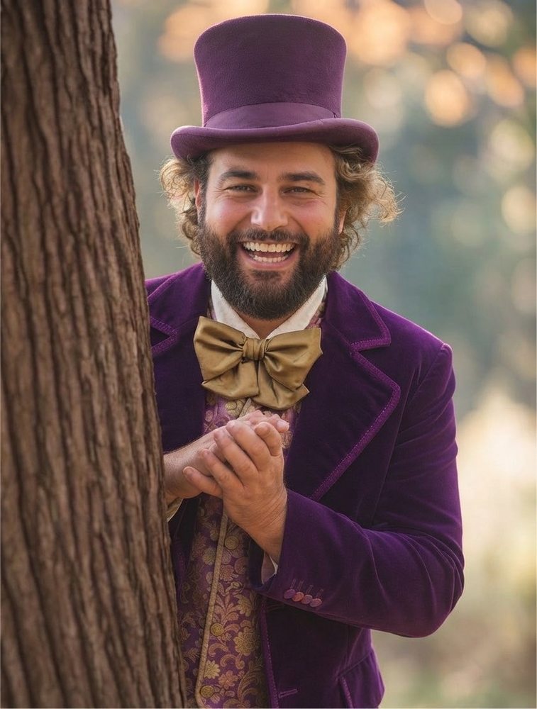 Pauly smiling by a tree